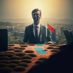 a photo of a businessman is posed by a miniature flag