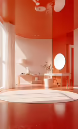 a circular shaped room with orange and white walls