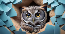 an owl sits in its nest surrounded by broken origami pieces