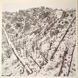 a photo of snow and ice in a hilly field