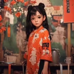 a young girl with a bow ponytail, in an orange kimono