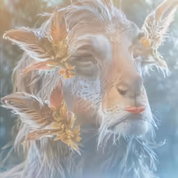 the sheep has very long hair and is surrounded by leaves