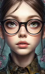 a woman with glasses in front of flowers