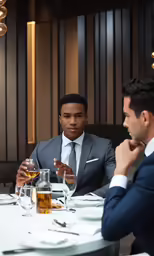 two men in suits sit at a restaurant table having a conversation