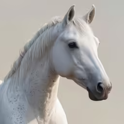 a white horse with long mane and tail is standing