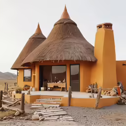 the entrance of a private restaurant with grass thatched roof