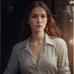 a woman standing in front of a window looking at the camera