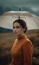 a woman with an umbrella and brown shirt