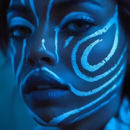a girl with painted white body paint and a blue background