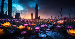 a beautiful photo of a dark garden with yellow flowers