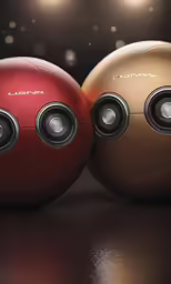 two red and gold speakers with lights behind them