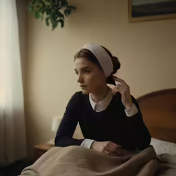 a woman putting on her hair sitting in a bed
