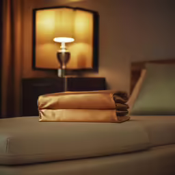 a tan colored bed sheet sitting on top of a table