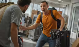 two men are laughing at each other while carrying luggage