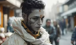 a man with face paint, black hair and makeup looks serious