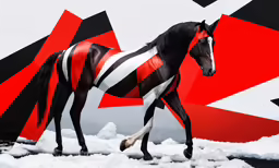 the horse with white, black and red paint is walking on a snowy surface