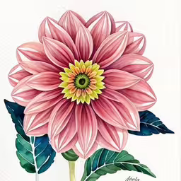 a drawing of a flower is shown on a white paper,a watercolor drawing of a pink flower,a pink flower with green leaves is in a watercolor style,a drawing of a flower with green leaves and the stem,a watercolor drawing of a pink flower and green leaves