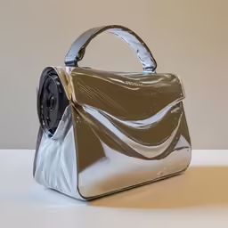 an open metal purse with a shiny metal handle