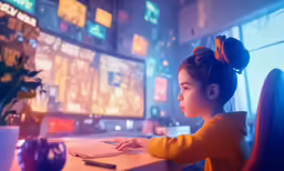 a girl is sitting at a desk using her computer