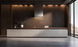 the interior of a modern office, with a table and cabinet