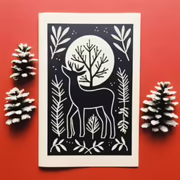 two pine cones and one papercut of a deer on red wall