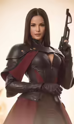 a woman with a gun standing in front of a camera
