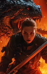 a woman with a sword is next to a dragon