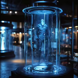 a close up of a glass display case with a figure in it