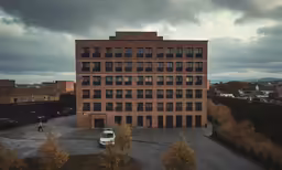 a very large building sitting next to a parking lot