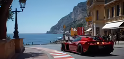 red sports car driving down the street towards an ocean