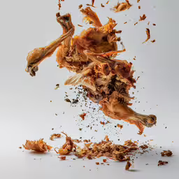 some food is falling out of it on a white table,a pile of burnt chicken on the ground with meat stuffings all over