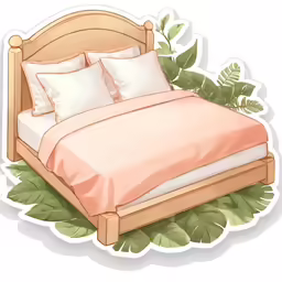 a bed and pillows on a floor with some tropical leaves around it