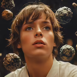 a boy staring into space surrounded by doughnuts