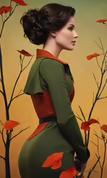 a woman in a dress is shown standing among orange leaves