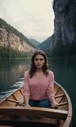 a girl is sitting in a rowboat in the water