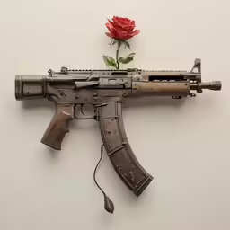 a gun with a flower on it that is attached to a wall