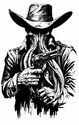 a cowboy is holding a gun in his hand and wearing a hat