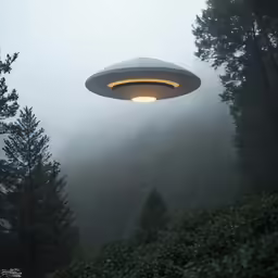 an alien spaceship is in the air above foggy trees