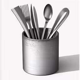 forks and spoons sit in an elegantly designed silver cup