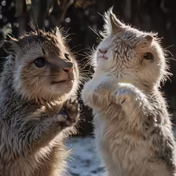 two furry cats in the snow looking up