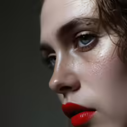 a woman with red lipstick looks into the distance