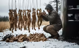 a man is cutting wood with a knife in a snowy field