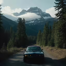 a car parked on the side of a road in front of mountains