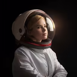 a beautiful blonde wearing a white shirt and astronaut suit
