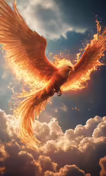 a large golden bird flying over clouds and a blue sky