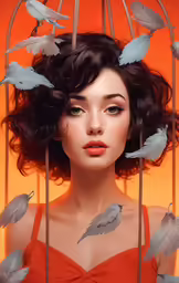 a beautiful woman with dark curly hair wearing red