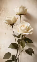 two white roses growing on a stem against a dirty wall