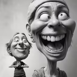two cartoon faces with large head, and one without