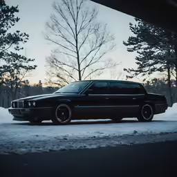 black station wagon parked next to a snowy forest
