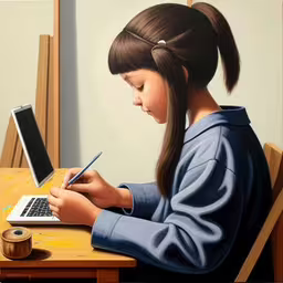 there is a woman on her laptop writing at the desk